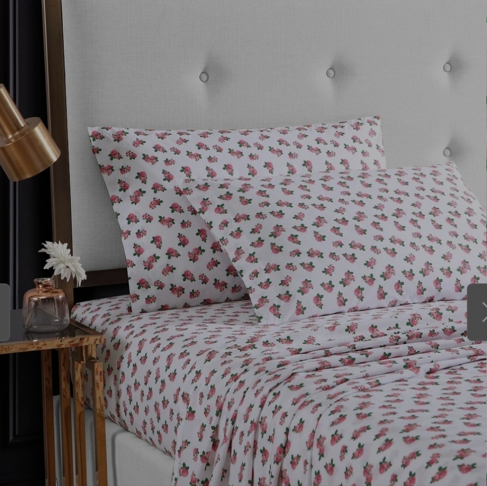 Betsey Johnson Teeny Tiny Roses Pink Twin XL Sheet Set Floral Percale Bedding